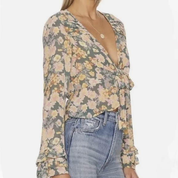 FREE PEOPLE x REVOLVE Maybel Happy Combo Ruffled Tie Front Chiffon Top NWT - Picture 2 of 13